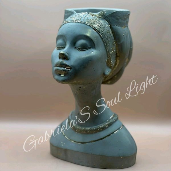 Handmade bust vase of an elegant woman in grey with gold detailing – artisan home décor piece.
