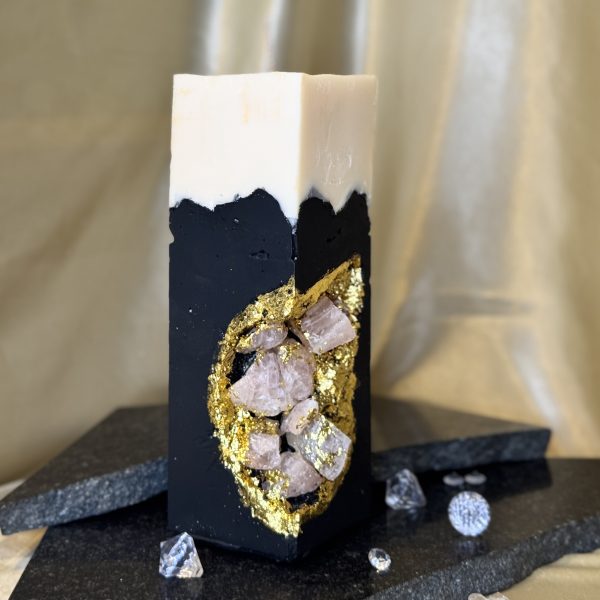 Handmade crystal cement candle with rose quartz and gold leaf details – luxury soy wax home décor made in the UK
