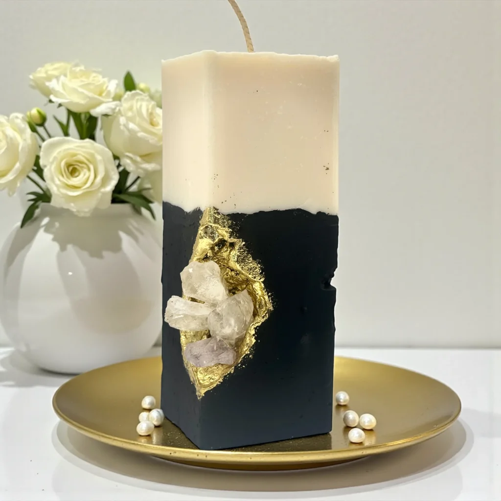 Luxury handmade crystal candle with natural gemstones, black sculpted base and gold accents, minimalist interior décor
