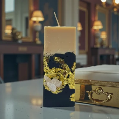 Smoky Seduction luxury handmade soy wax candle with black and ivory layers, gold leaf accents and a natural rose quartz crystal, elegant statement décor.