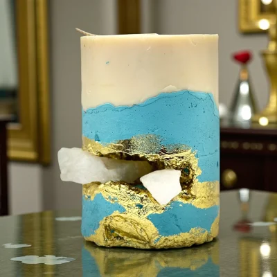 Ritual of Touch luxury handmade soy wax candle with black and ivory layers, gold leaf accents and a natural white aragonite crystal, elegant ritual décor. Title