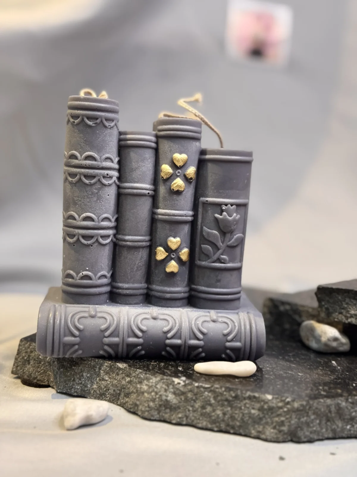 book candle UK handmade soy wax stacked books candle