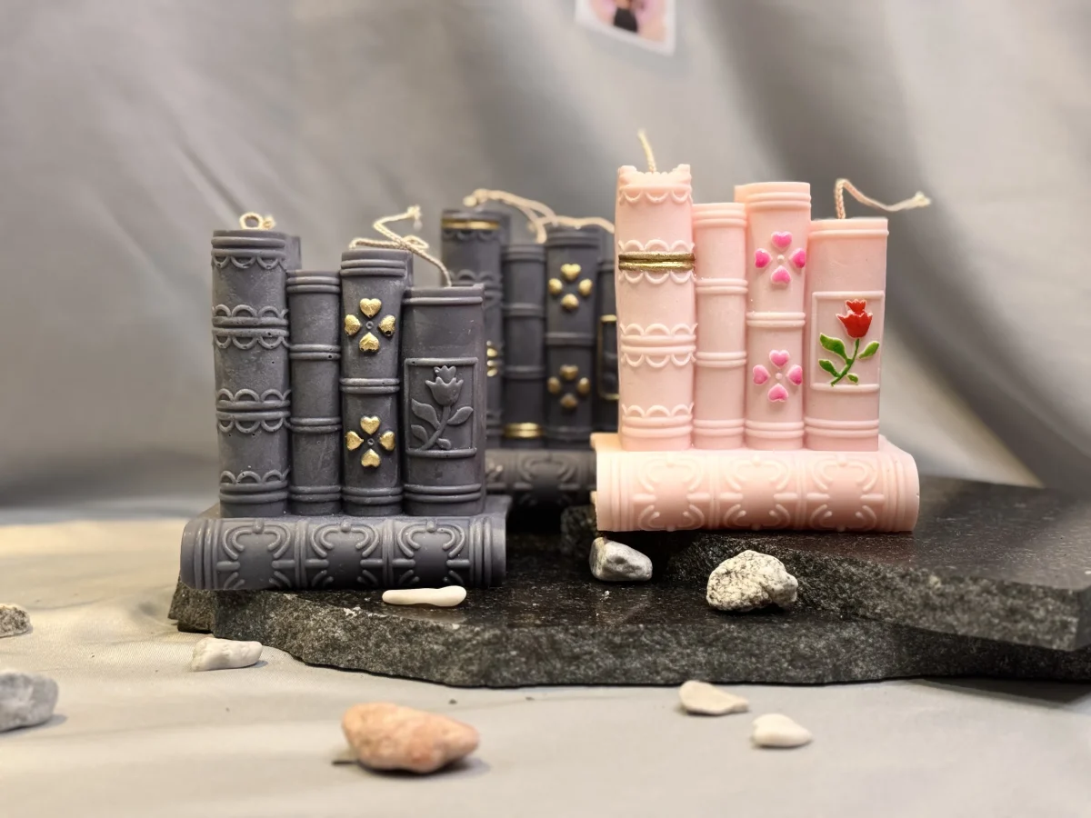 book candle UK handmade soy wax stacked books candle