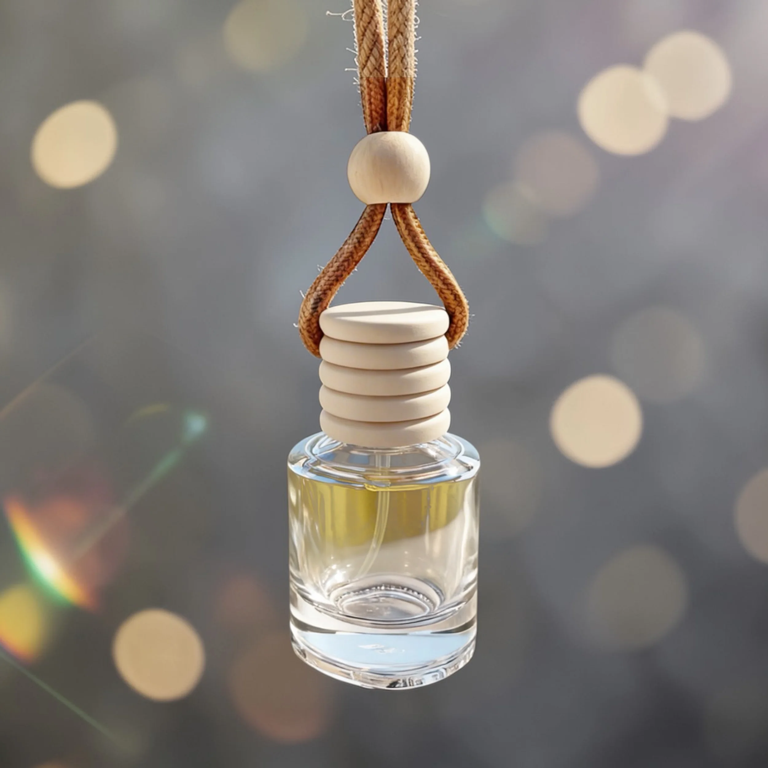 Hanging car diffuser glass bottle with wooden cap air freshener
